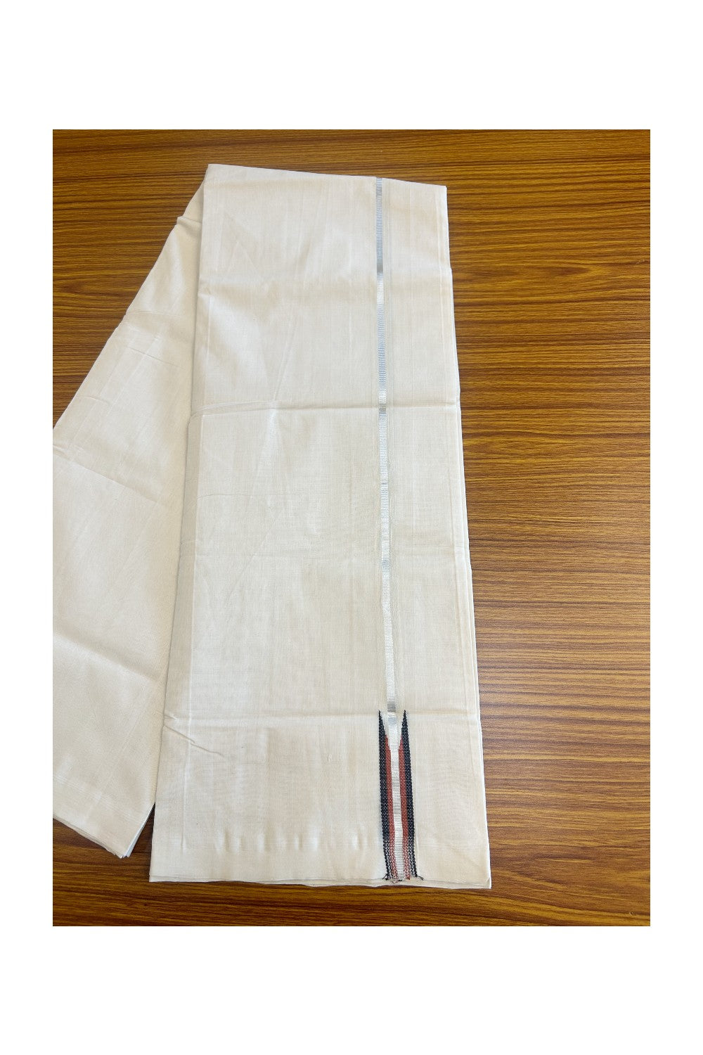 30% DISCOUNT! KaithariKada BALARAMAPURAM HANDLOOM Unakkupaav- 100% PURE Cotton 100x100 Double Mundu/Dhoti OFF WHITE (Unbleached) - PULIYILAKKARA Silver Kasavu & Black+Brick Red 2.cm Chutty KARA-29RAM