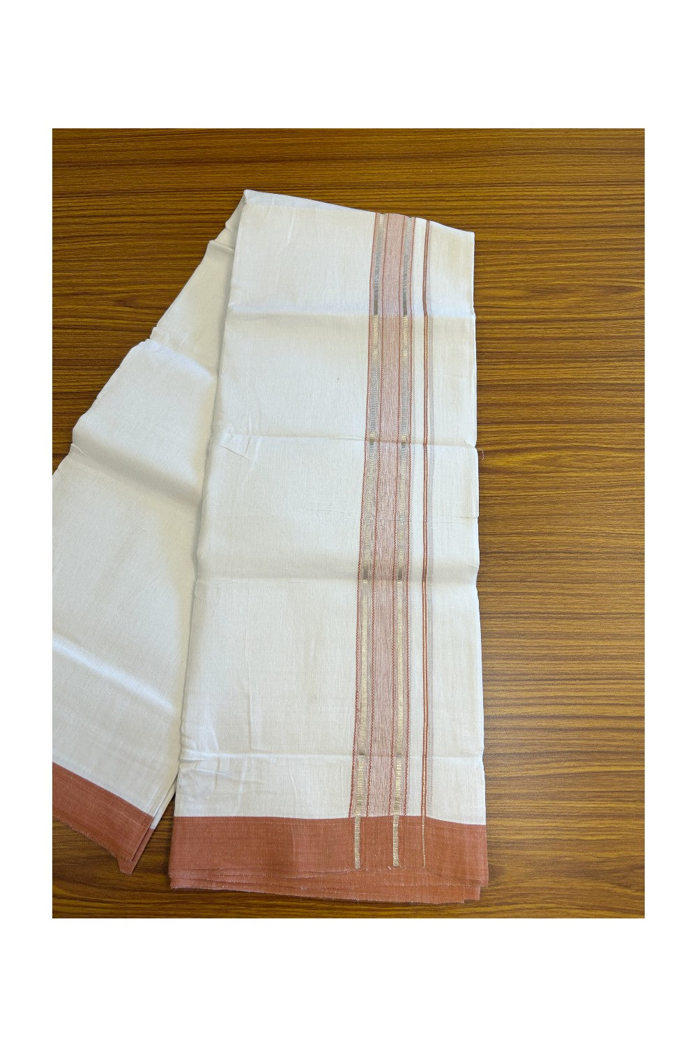 Linen Dhoti NEW! 20% Discount from Kaitharikada.com - Double Mundu/Dhoti 80x90 Thread PURE WHITE - Pure Cotton + Linen -2.25 Inch Brick Orange & Silver Striped Kara - 35KK5115THI