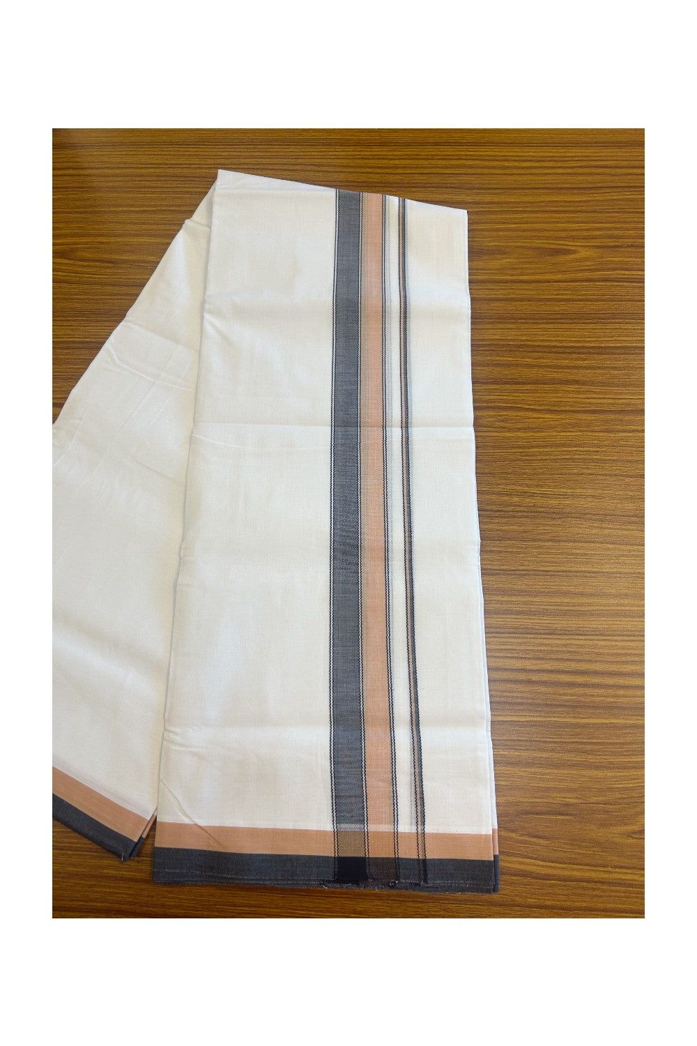 28% DISCOUNT! KaithariKada Balaramapuram 100% Cotton PURE WHITE Double Mundu/Dhoti-100x80 2.75 inch Peach cream & Black shaded designer kara - 17KK5116MR