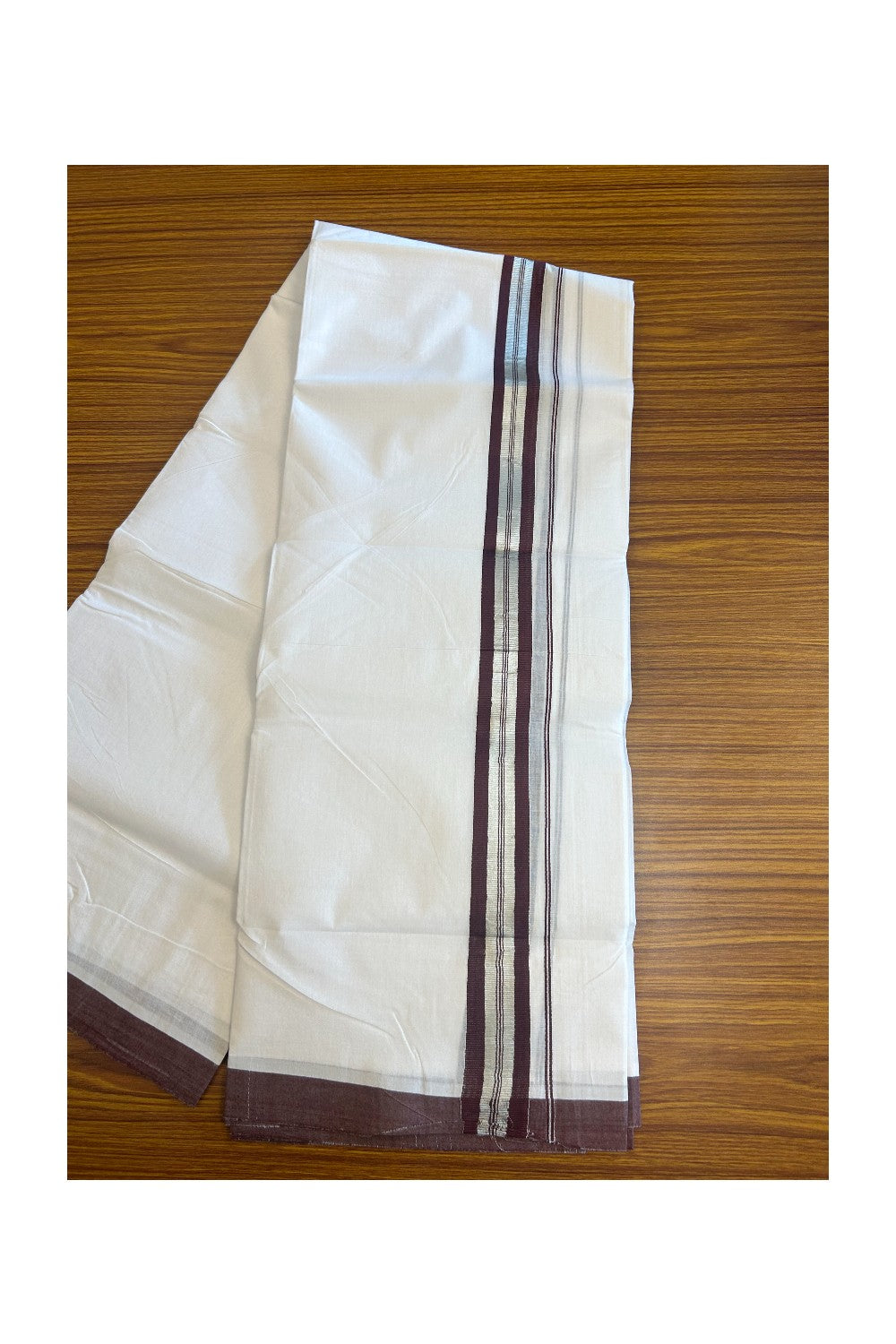 30% Discount KaithariKada HANDLOOM Unakkupaav Balaramapuram - 100% PURE Cotton PURE WHITE - 100x100 Double Mundu/Dhoti - 1.5 inch Dark Brown & Silver Kasavu Shaded Kara - 17KK5129YAR