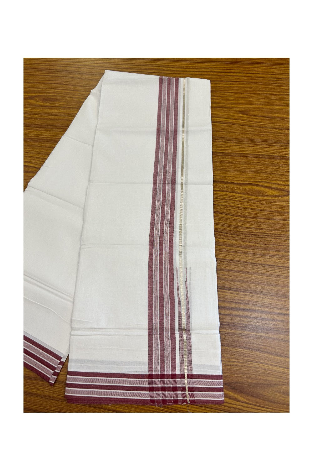 28% DISCOUNT!! Kaitharikada Balaramapuram 100% Cotton PURE WHITE Double Mundu/Dothi - 100X80 - 1.75 Inch Silver Maroon Stripes Chutty Kara - 17KK5155THI