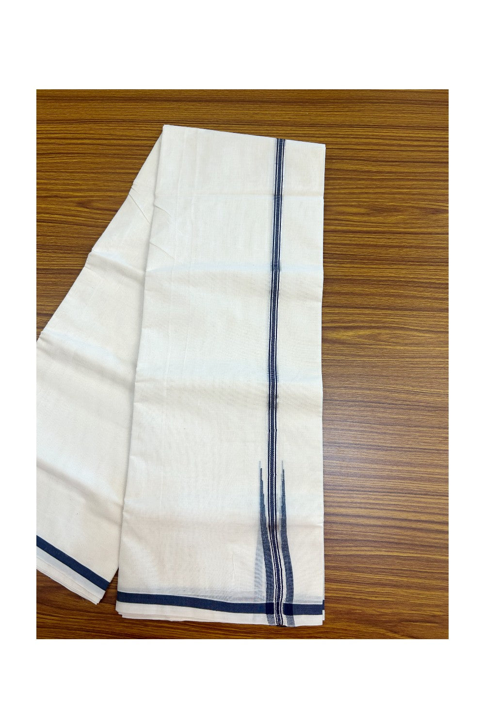 20% DISCOUNT!! KaithariKada Balaramapuram Pure Cotton DOUBLE OFF WHITE - (Unbleached) - Mundu/Dhoti - 100x80 - 0.5 inch Puliyilakkara Navy Blue - Muthukuri Silver Kasavu Chutty - 17KK5171GAN