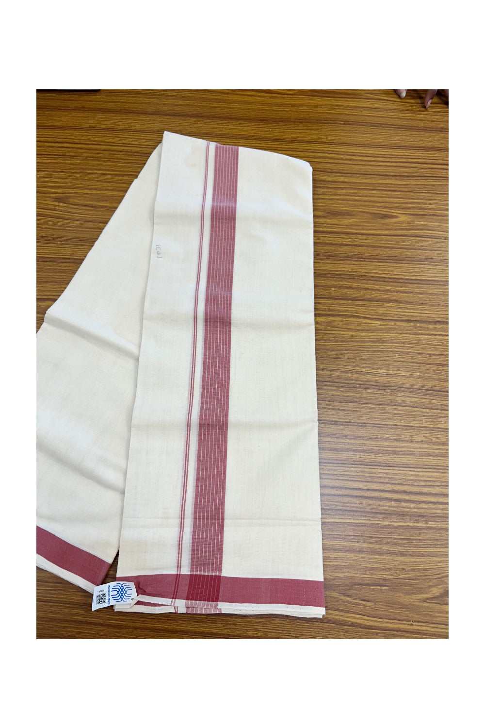 25% Discount KaithariKada HANDLOOM Unakkupaav Balaramapuram - 100% PURE Cotton off white (Unbleached) Double Mundu/Dhoti - 80X90 - 1.5 inch Fire Brick Red Stripes Kara 3.80 mtr - 17KK5192ELA