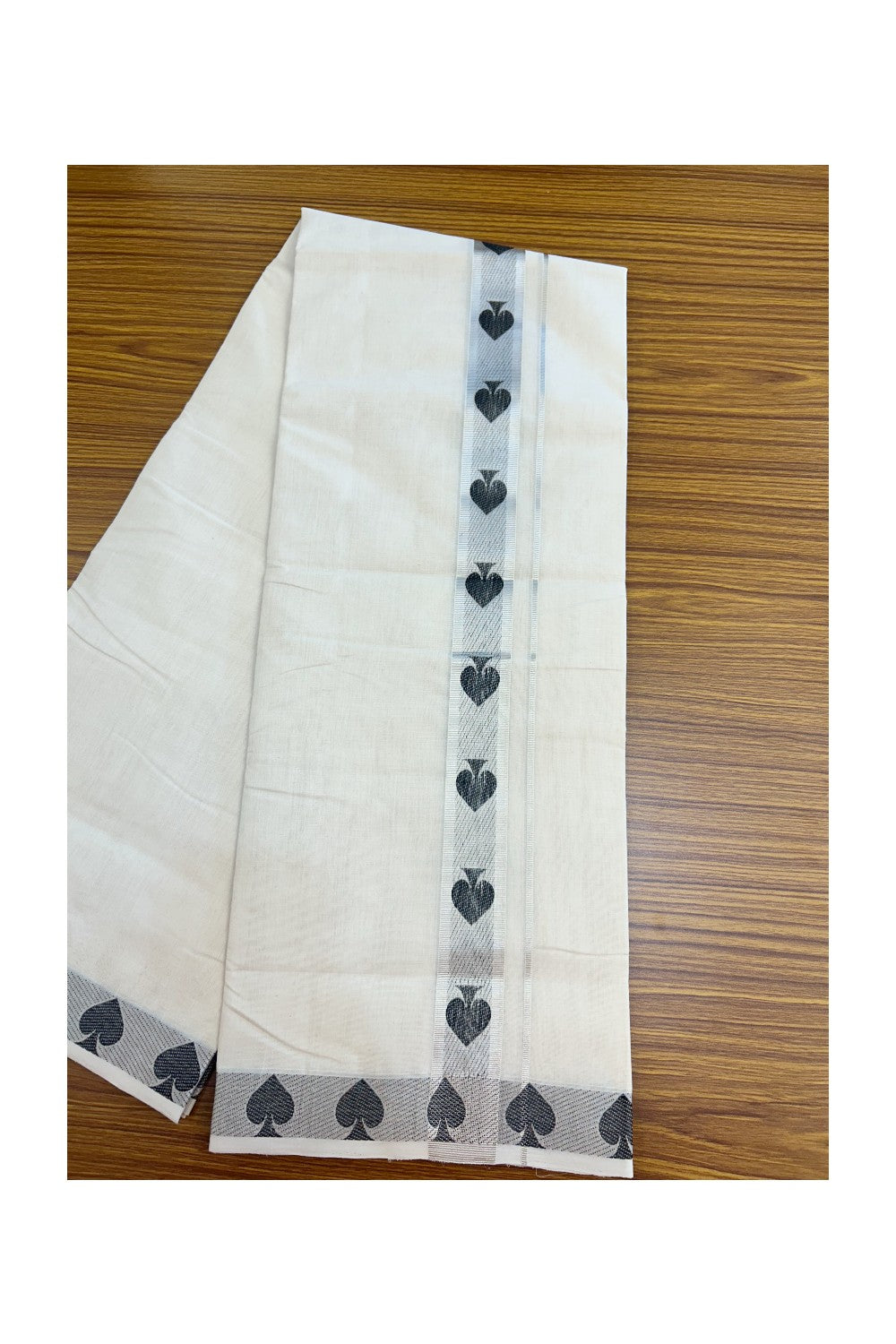 25% DISCOUNT ! KaithariKada HANDLOOM Unakkupaav Balaramapuram - 100% PURE Cotton Off White - (Unbleached) Double Mundu/Dhoti - 100x100 - 1.5 Inch Silver Kasavu & Black Design Kara- 17KK5208ABH