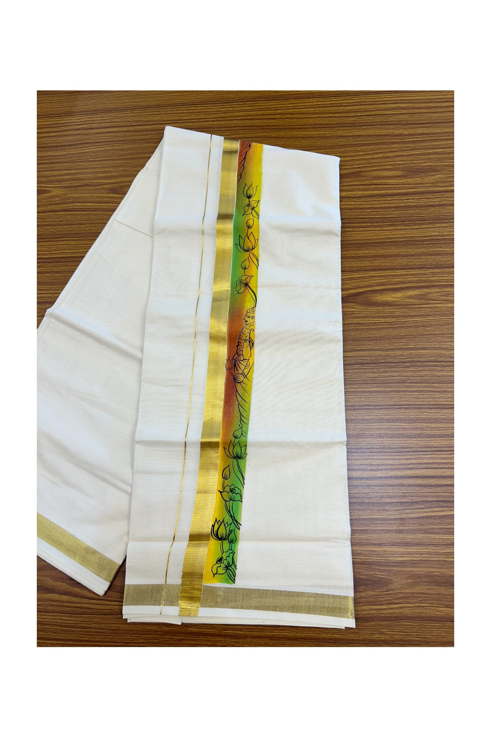 29% Discount! KaithariKada Balaramapuram 100% Cotton off white Double - (Unbleached) Mundu/Dhoti- 80x90 - Gold Kasavu HAND PAINTED Yellow , Orange , Green Flower Pattern 2.25 inch Kara - 17KK5212 VIN