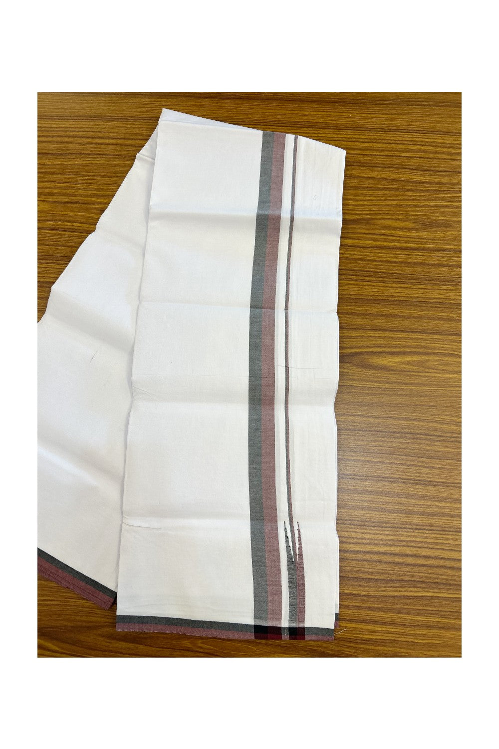 DMK Veshti - 20% Discount !! KaithariKada Balaramapuram PURE WHITE SINGLE Mundu/Dhoti - 100X100 - Puliyilakkara 1.25 inch Maroon & Black Chutty Kara (2 meter / 4 muzham) - 16KK5224 ASH