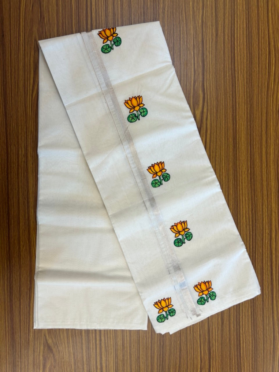 KaithariKada Balaramapuram 100% Cotton Double Off white - (Unbleached) Mundu/Dhoti-100x80 - 0.5 inch Hand Painted Silver Kasav Orange & Yellow Lotus Design Kara 3.80 mtr (8 muzham) - 16 KK5244 ASH