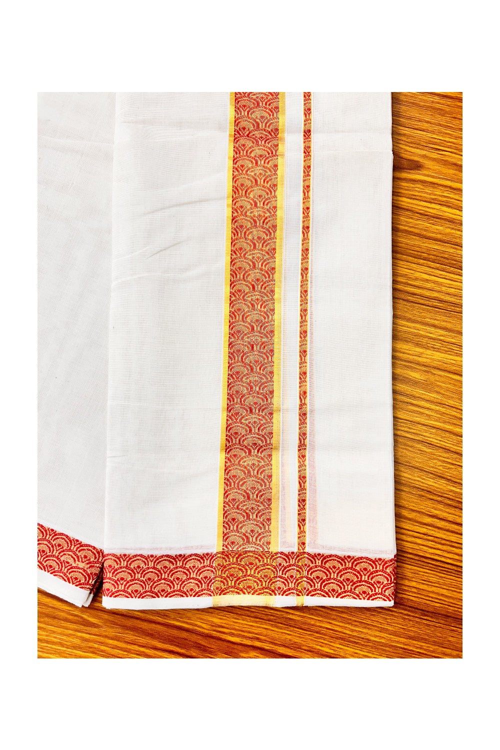 25% DISCOUNT ! KaithariKada HANDLOOM Unakkupaav Balaramapuram - 100% PURE Cotton 4.44 Meter Off White (Unbleached) Double Mundu/Dhoti - Brick Red Flower & KASAVU DESIGN 2.5 Inch KARA- ABH17