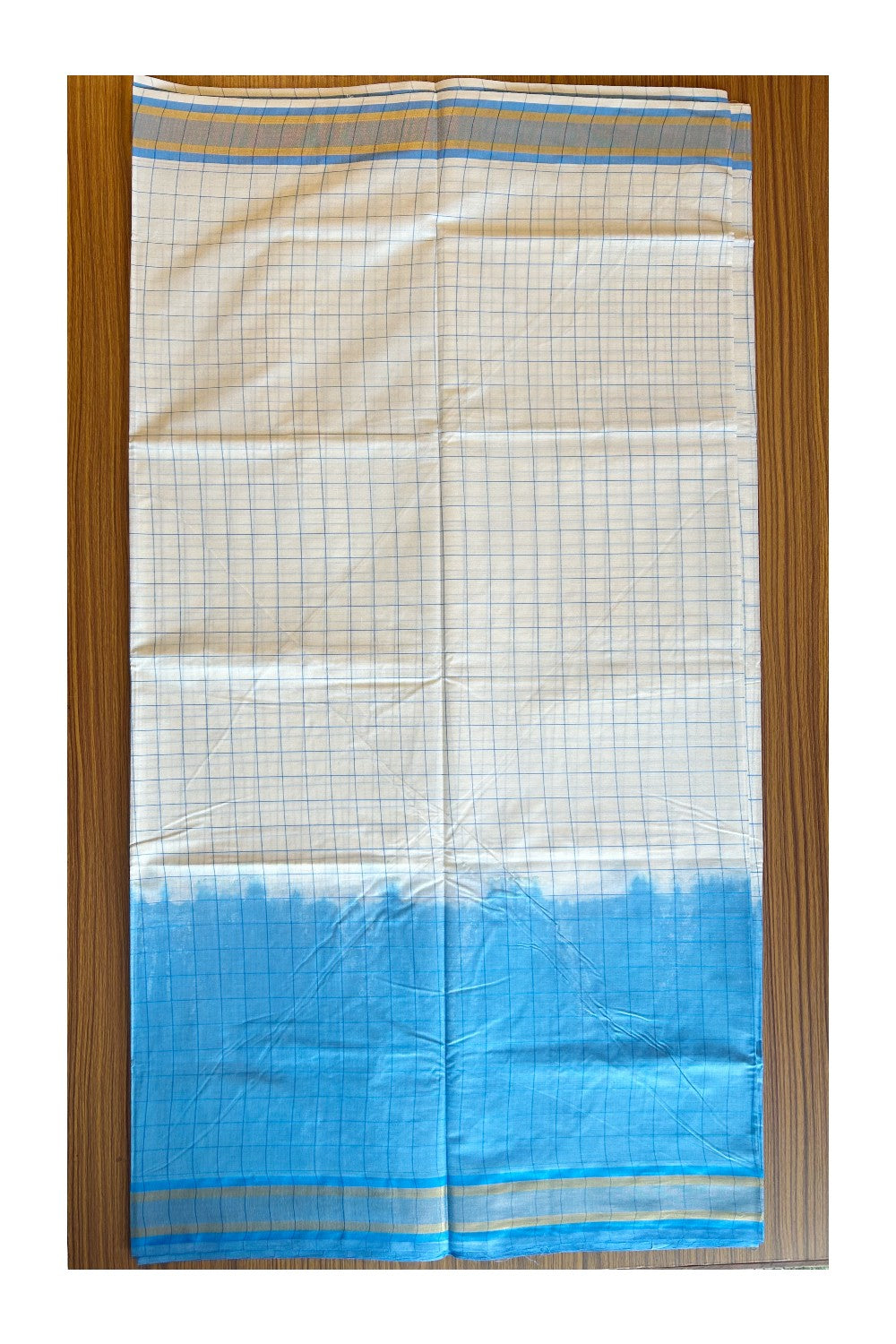 15% Discount! Kaitharikada Kerala Cotton Saree - Turquoise Blue Color Dyed & Gold Kasavu Blue Striped Kara - 17KK1003HAR