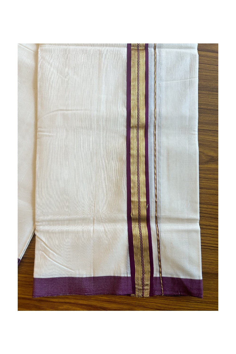 30% DISCOUNT!! KaithariKada HANDLOOM UNAKKUPAAV Balaramapuram - 100% PURE Cotton OFF White (Unbleached) Double Mundu/Dothi - 1.75 Inch Kasavu  & Wine Purple striped pattern Kara - 17KK456KK