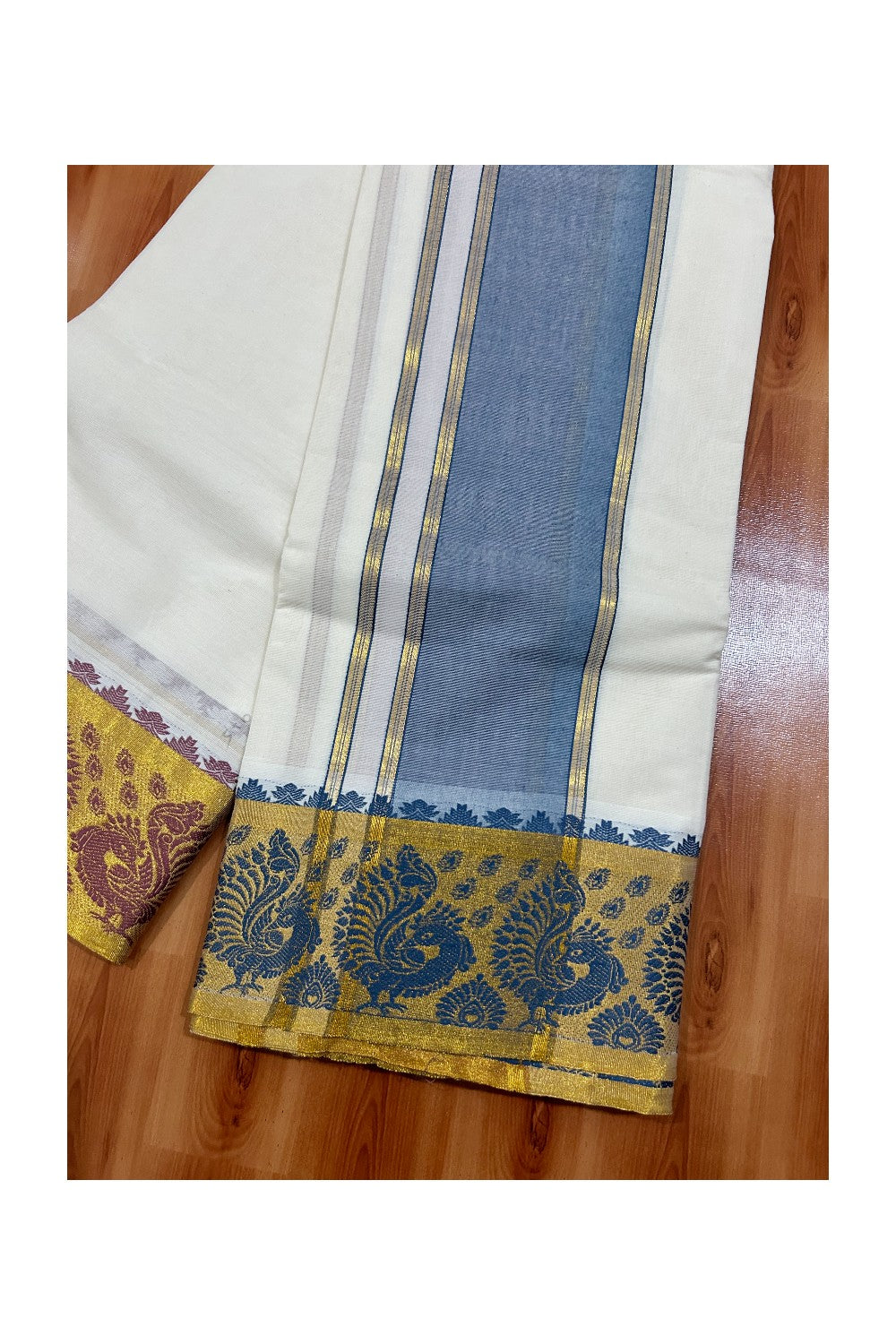 36% DISCOUNT! KaithariKada Cotton Mix Off White - (Unbleached) 80x80 thread - 80% Cotton & 20% Polyester- NORTH INDIAN - ATTACHED GAMCHA 9X5 Dhoti 5inch Blue kara with Maroon & Blue Kasavu border  - 17KK5005PMC