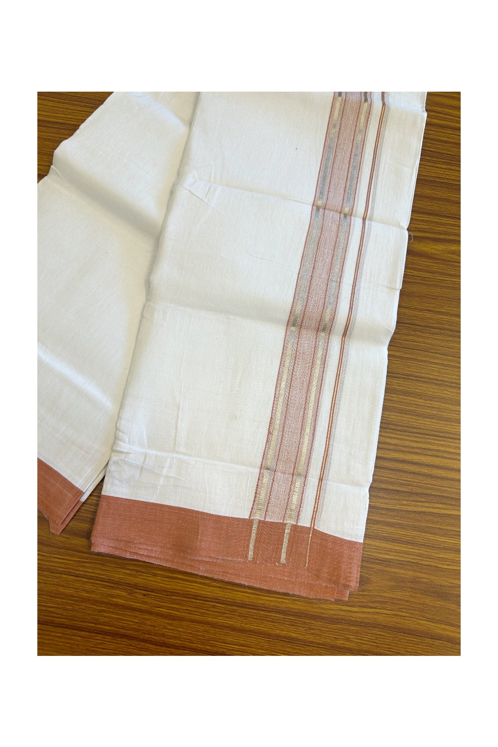 Linen Dhoti NEW! 20% Discount from Kaitharikada.com - Double Mundu/Dhoti 80x90 Thread PURE WHITE - Pure Cotton + Linen -2.25 Inch Brick Orange & Silver Striped Kara - 35KK5115THI