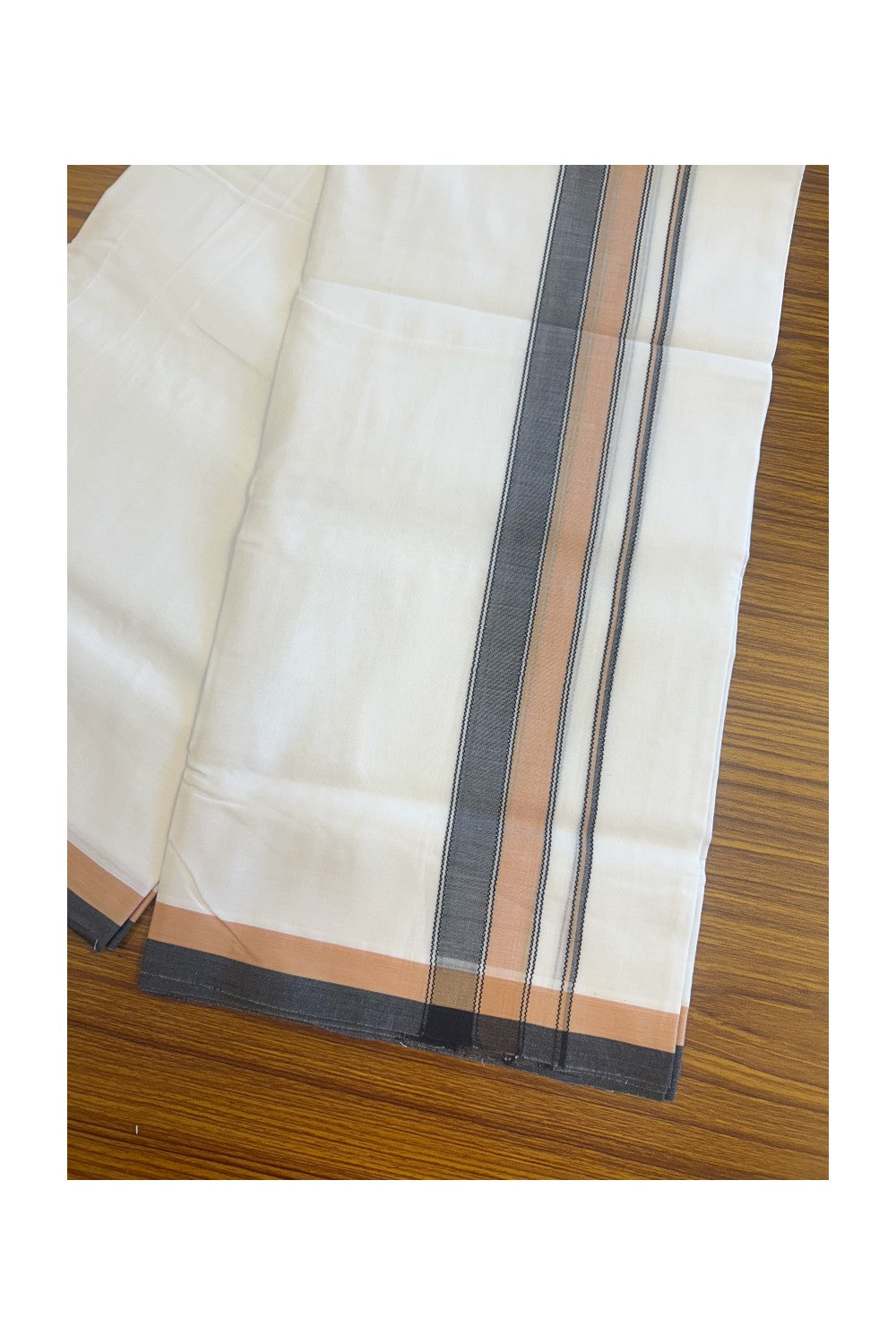 28% DISCOUNT! KaithariKada Balaramapuram 100% Cotton PURE WHITE Double Mundu/Dhoti-100x80 2.75 inch Peach cream & Black shaded designer kara - 17KK5116MR