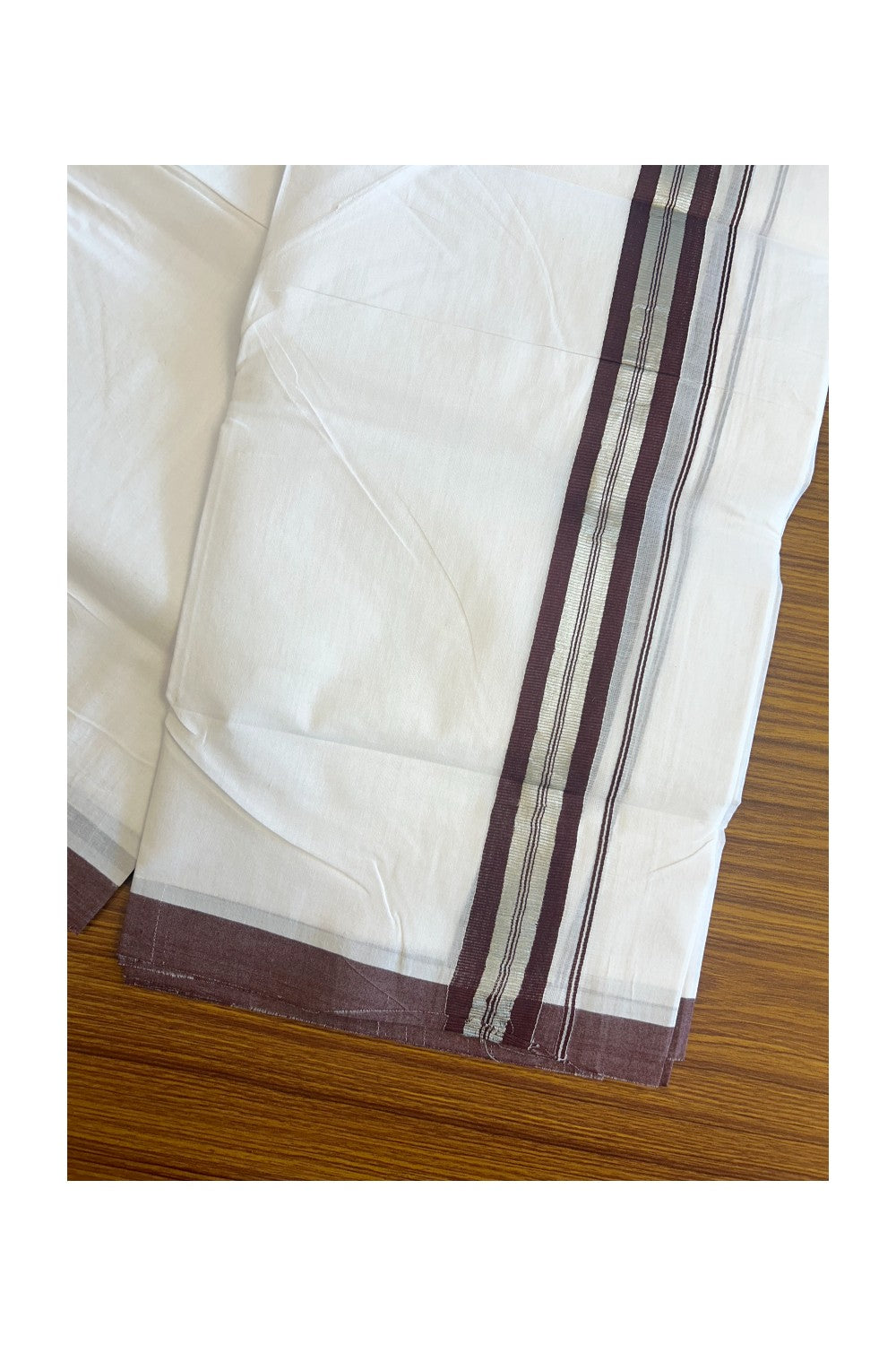 30% Discount KaithariKada HANDLOOM Unakkupaav Balaramapuram - 100% PURE Cotton PURE WHITE - 100x100 Double Mundu/Dhoti - 1.5 inch Dark Brown & Silver Kasavu Shaded Kara - 17KK5129YAR