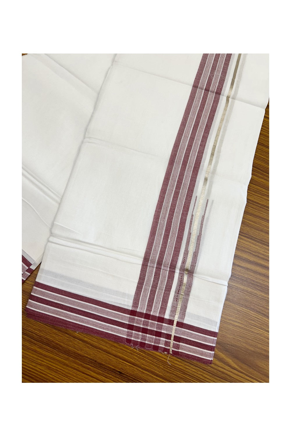 28% DISCOUNT!! Kaitharikada Balaramapuram 100% Cotton PURE WHITE Double Mundu/Dothi - 100X80 - 1.75 Inch Silver Maroon Stripes Chutty Kara - 17KK5155THI