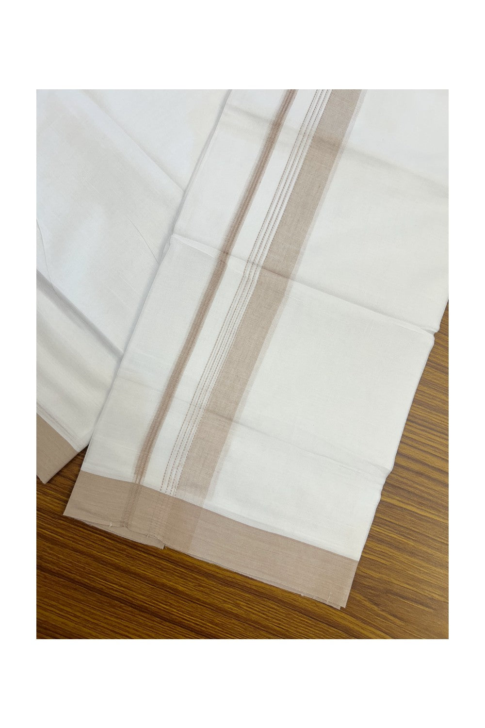 20% Discount ! Kaitharikada Balaramapuram 100% Cotton PURE WHITE Double Mundu/Dothi - 100x80 - 1.5 inch Beige Light Brown Striped Kara - 17KK5183VIN
