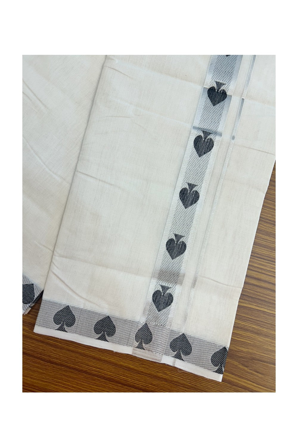 25% DISCOUNT ! KaithariKada HANDLOOM Unakkupaav Balaramapuram - 100% PURE Cotton Off White - (Unbleached) Double Mundu/Dhoti - 100x100 - 1.5 Inch Silver Kasavu & Black Design Kara- 17KK5208ABH