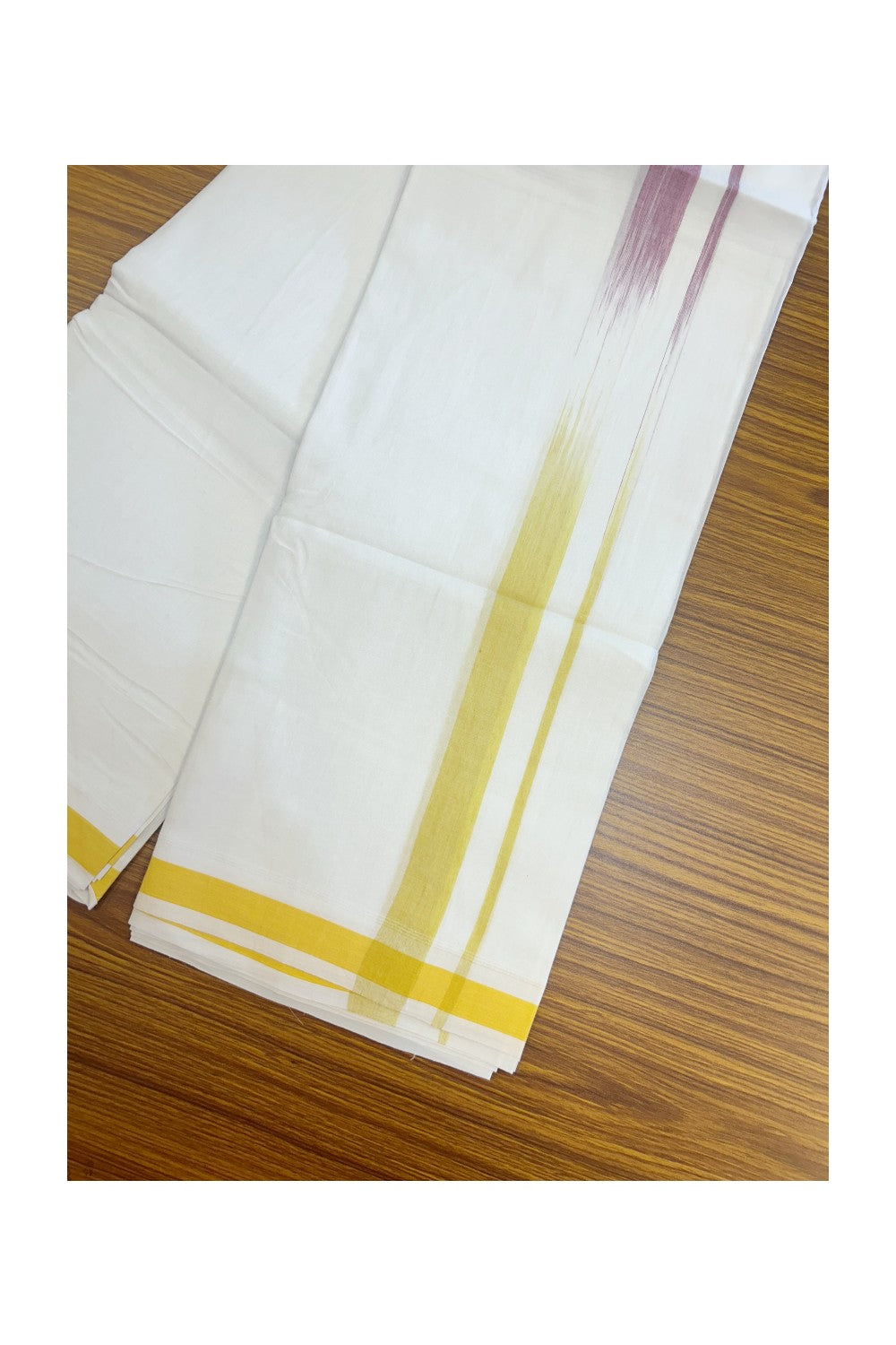 20% Discount!!! KaithariKada Balaramapuram Double PURE WHITE  RAINBOW  Mundu/Dhoti - 100X80 - 1 inch Light Yellow & Wine shaded Striped Designer Kara - 17KK5220 THI