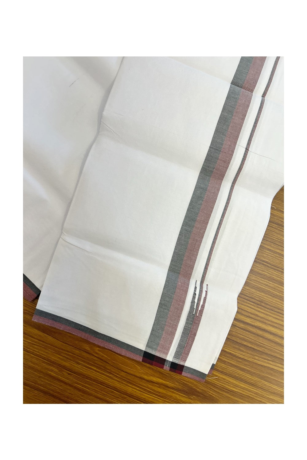 DMK Veshti - 20% Discount !! KaithariKada Balaramapuram PURE WHITE SINGLE Mundu/Dhoti - 100X100 - Puliyilakkara 1.25 inch Maroon & Black Chutty Kara (2 meter / 4 muzham) - 16KK5224 ASH