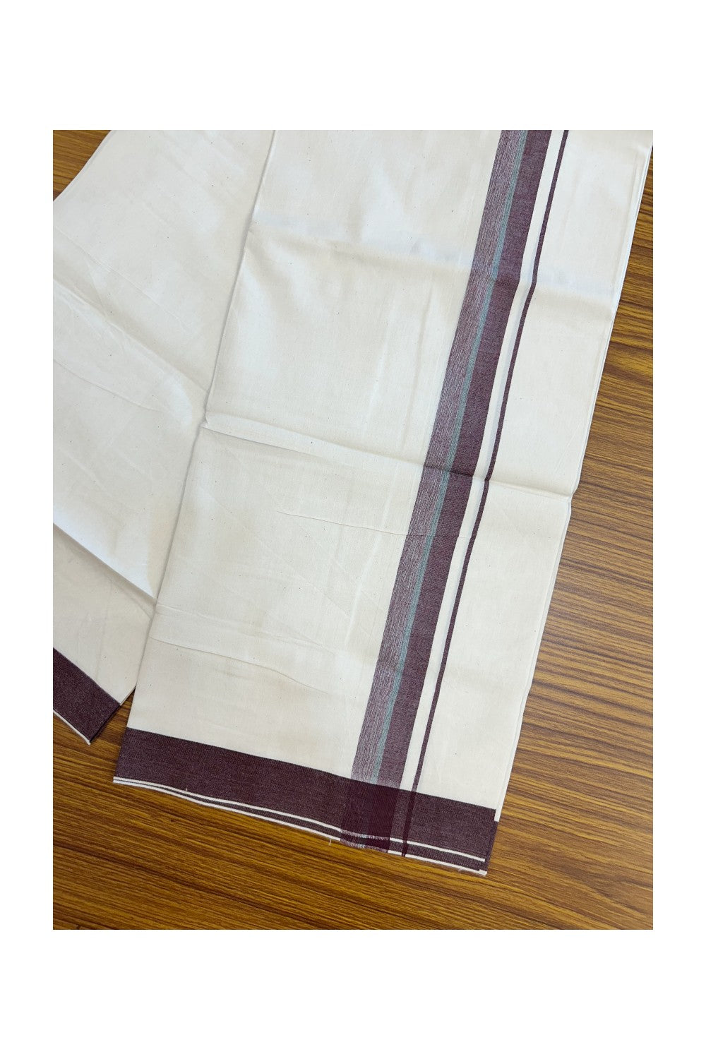 24% Discount !! KaithariKada Balaramapuram 100% Cotton OFF WHITE (Unbleached) Single Mundu/Dhoti - Twisted 60s Thread - 1.25 inch Dark Maroon White & Green shaded Kara (2 meter / 4 muzham) - 47KK5241 GL