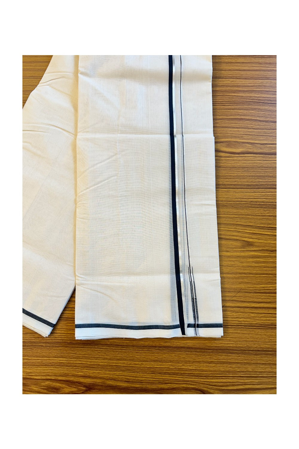 18% DISCOUNT!! KaithariKada HANDLOOM Millpaav Balaramapuram  - 100% PURE Cotton Off White (Unbleached) - 100x100 Double Mundu/Dhoti - 1.5 cm Puliyilakkara Chutty Silver Kasavu Black Kara - 17KK72RAM