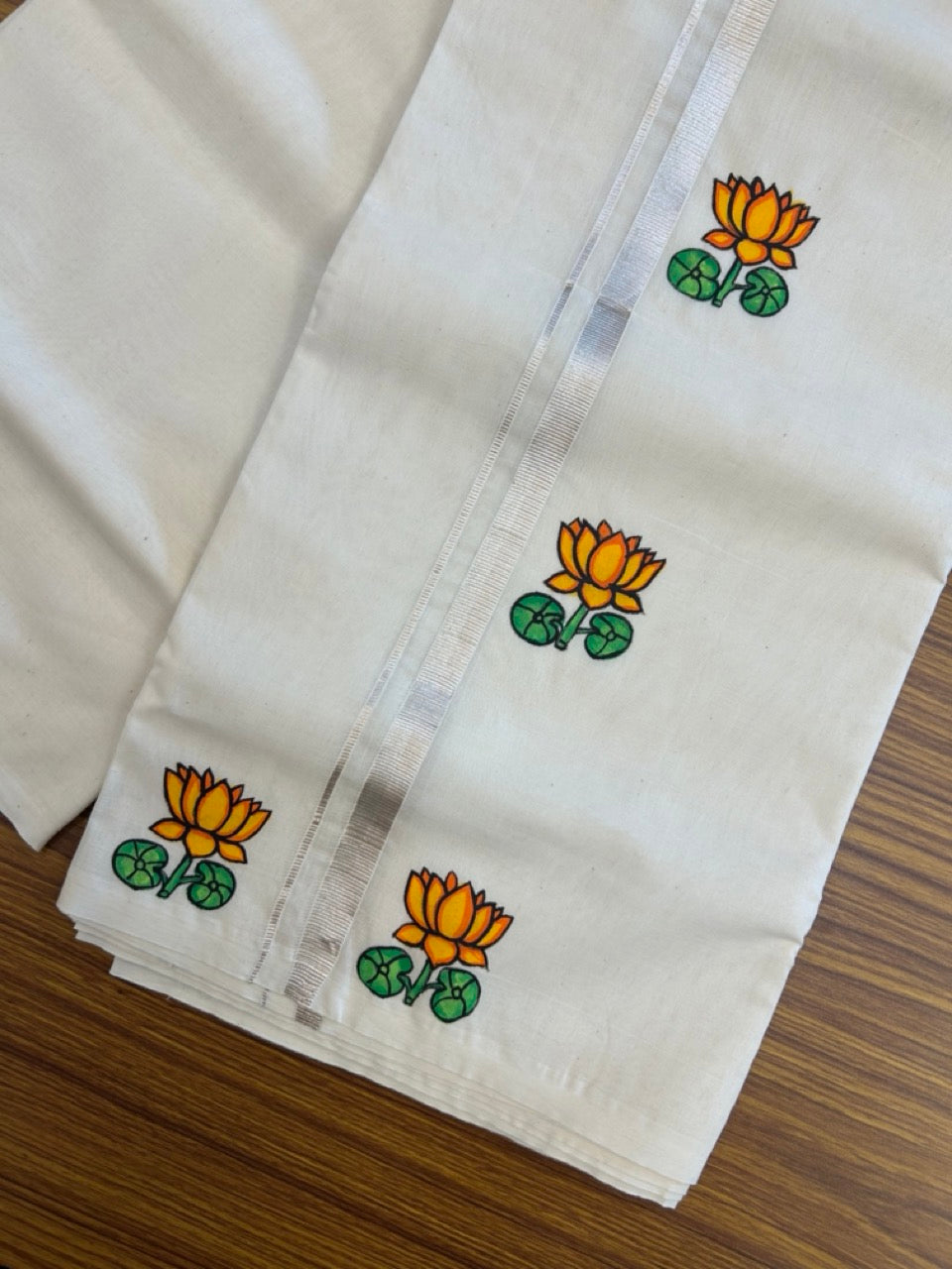 KaithariKada Balaramapuram 100% Cotton Double Off white - (Unbleached) Mundu/Dhoti-100x80 - 0.5 inch Hand Painted Silver Kasav Orange & Yellow Lotus Design Kara 3.80 mtr (8 muzham) - 16 KK5244 ASH