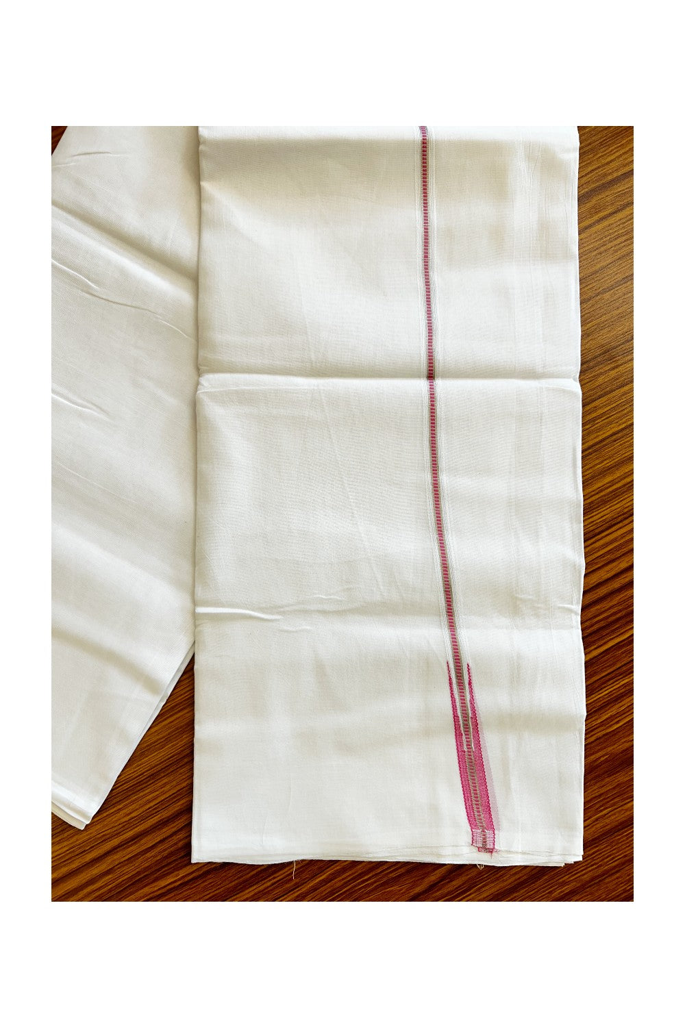 29% DISCOUNT!! KaithariKada Balaramapuram 100% Cotton PURE WHITE Double Mundu/Dhoti-100x100  1.cm Puliyilakkara  MUTHUKKURI  DARK PINK  AND SILVER  KASAVU Chutty Pattern KARA.