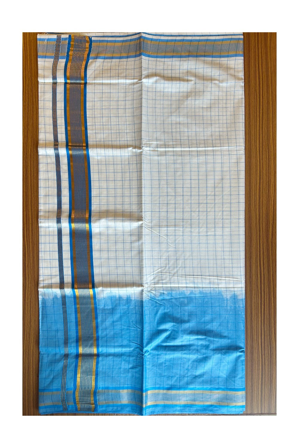 15% Discount! Kaitharikada Kerala Cotton Saree - Turquoise Blue Color Dyed & Gold Kasavu Blue Striped Kara - 17KK1003HAR