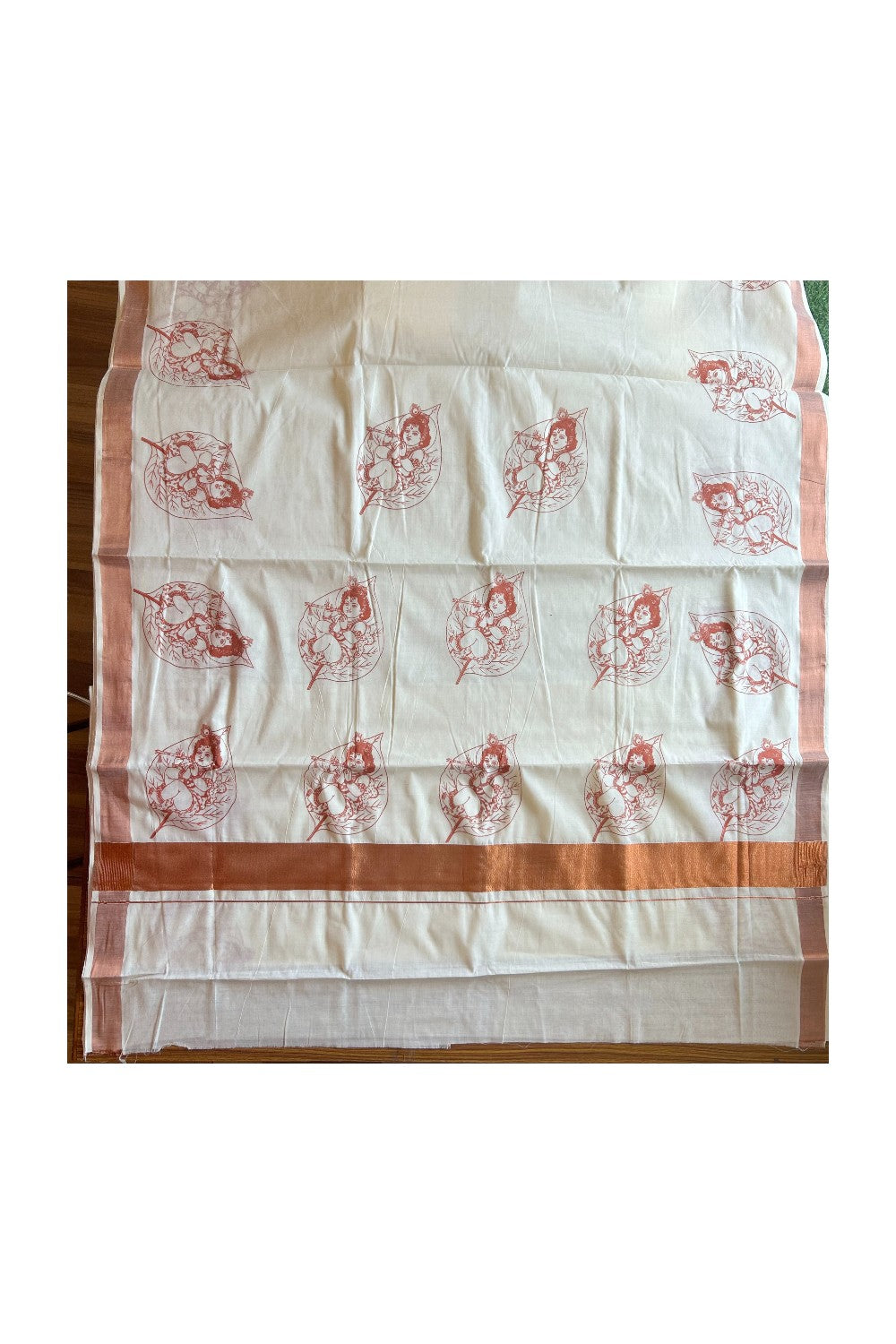 25% Discount! Kaitharikada Kerala Saree - Cotton Off white - Dark Kasavu Zari with Brick Red Krishna Prints- 17KK300VIN