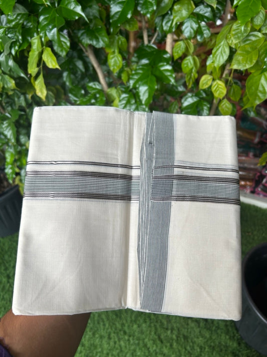 25% Discount!!! KaithariKada HANDLOOM UNAKKUPAAV Balaramapuram - 100% PURE Cotton OFF WHITE (Unbleached) Double Mundu/Dhoti - 80x90 - 1.25 inch Silver kasavu Black & White striped kara 4 Mtr (8.5 Muzham) - 18KK5235 YAR