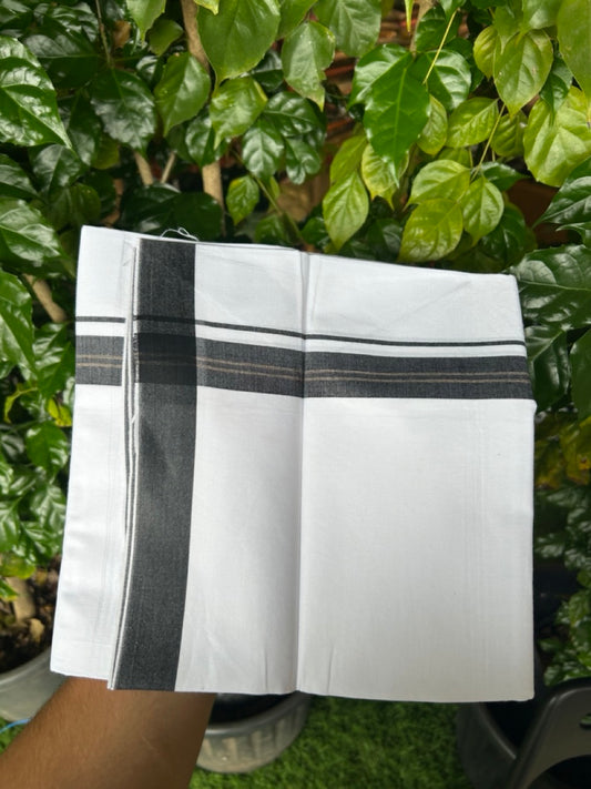 24% Discount !! KaithariKada Balaramapuram 100% Cotton Pure white Single Mundu/Dhoti - Twisted 60s Thread- 1 inch Black & Brown Shaded Striped Kara (2 meter / 4 muzham) - 18KK5241 GL