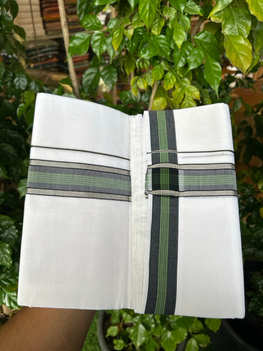 25% Discount!! NEW ULTRA PURE WHITE HANDLOOM Balaramapuram - 100% MERCERISED Cotton Double Mundu/Dhoti - 120 twisted warp x 80s weft - Green Black Silver Kasav Kara- 18KK5248 REA