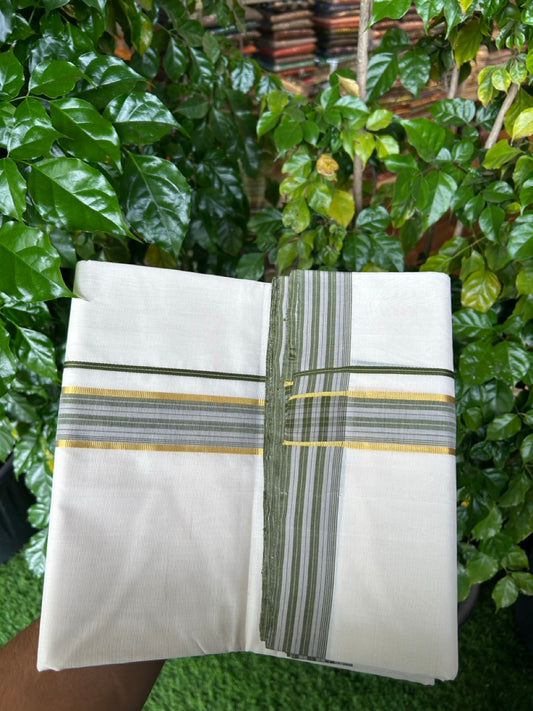 25% DISCOUNT!! KaithariKada HANDLOOM  UNAKKUPAAV Balaramapuram - 100% PURE Cotton OFF White - (Unbleached) Double Mundu/Dothi - 100 x 80 - 1.5 inch Green Ash Stripes Gold Kasav Kara 4 meter - 18 KK5249 REA