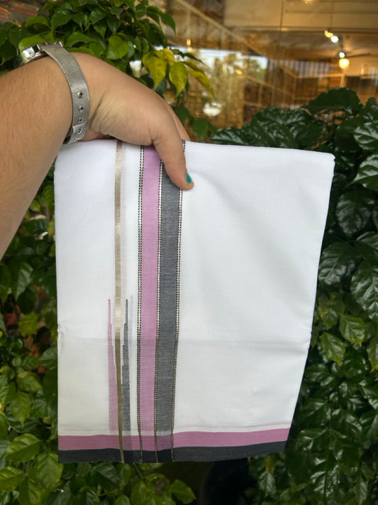 26% Discount ! NEW! KaithariKada Balaramapuram 100% Cotton Pure white Double Mundu/Dhoti - (100x80)s - Pink Black Chutty Silver Kasav - 18 KK5252 CKS