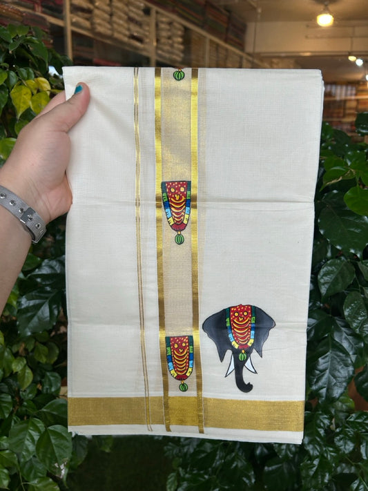 24% Discount! KaithariKada 100% Cotton Double Off white - (Ubleached) Mundu / Dhoti - 100x80 1.5 inch Gold Kasavu & Hand Painted Elaphant Nettipattom - 18 KK5259 CKS