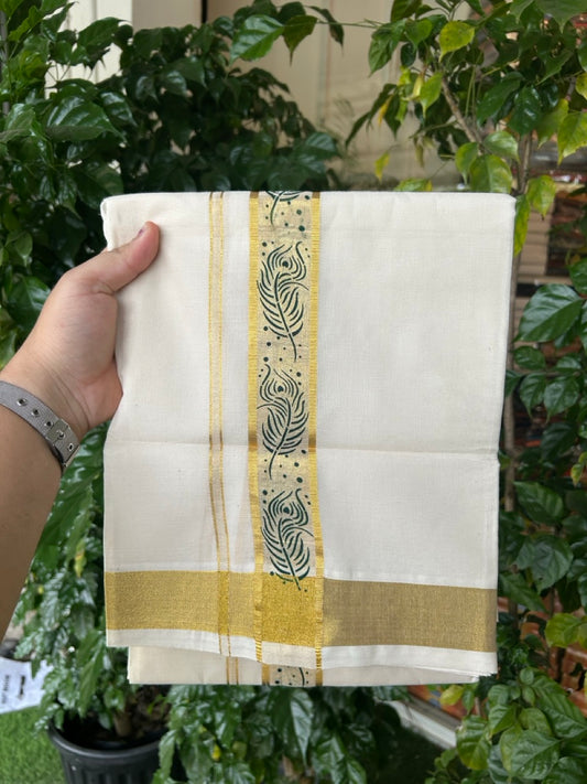 KaithariKada 100% Cotton Double Off White - (Ubleached) Mundu/Dhoti - 80x80 - 1.5 inch Gold Kasavu & Green Peacock Printed Design Kara - 4 mtr (8 muzham)- 18 KK5262 STH