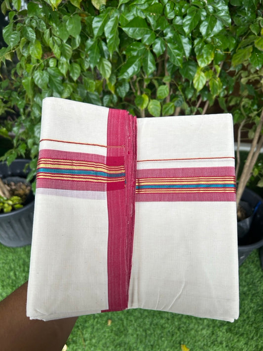 31% DISCOUNT!! KaithariKada HANDLOOM Millpaav Balaramapuram - 100% PURE Cotton OFF White Double - (Unbleached) Mundu/Dothi - 1.75 Inch Gold Peacock Blue Kasav Red kara - 18kk5153RAM