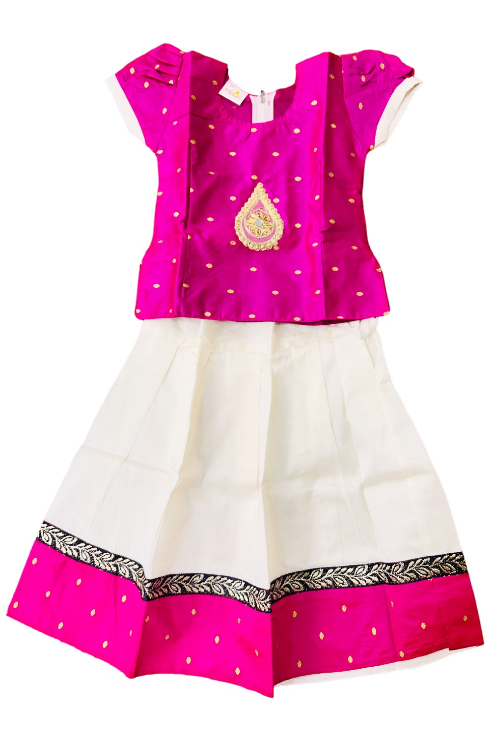 Midukki-Traditional South Indian Kids Pattu Pavada- Pink top offwhite skirt with leaf border design- Age 2 - KK2MID0018