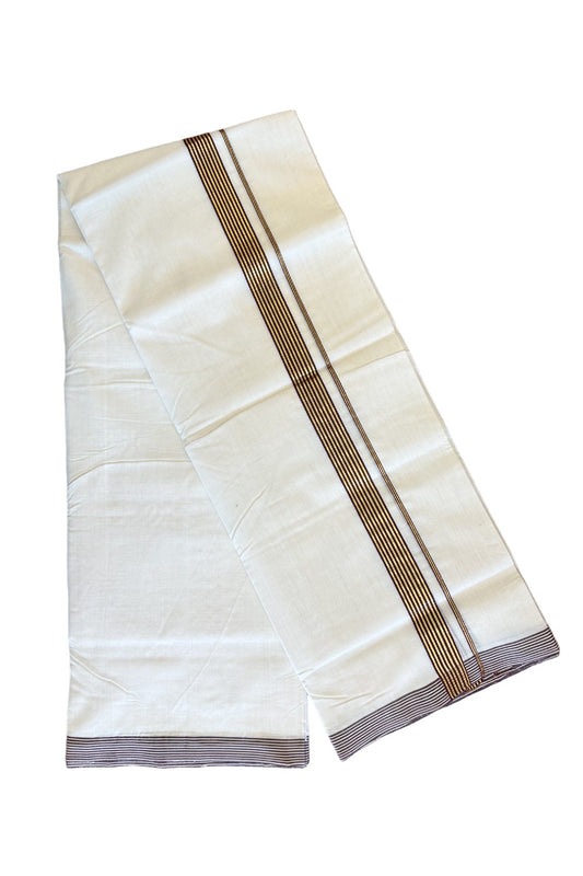 25% Discount!!! KaithariKada HANDLOOM UNAKKUPAAV Balaramapuram - 100% PURE Cotton off white (Unbleached) Double Mundu/Dhoti - 1.5 inch Brown & kasavu striped kara - 18KK458SOM