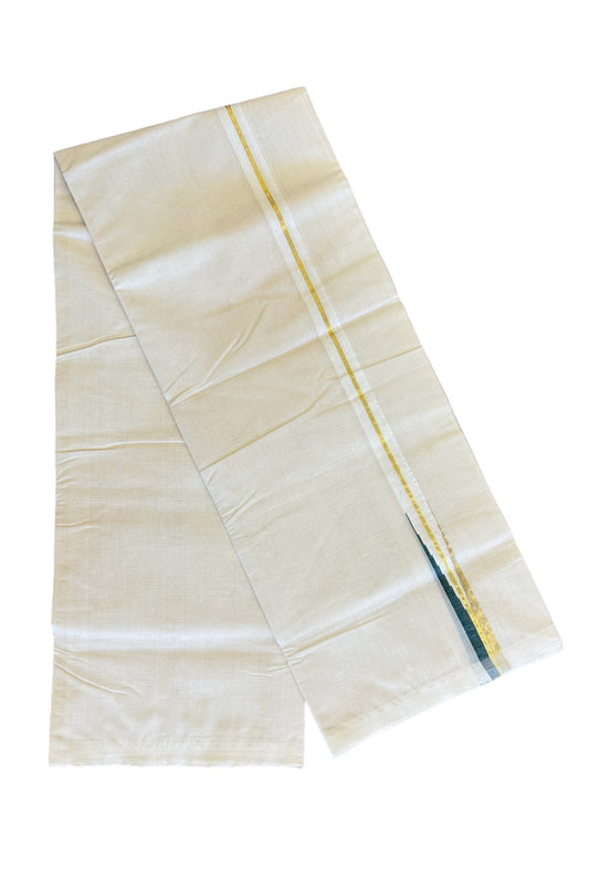 30% DISCOUNT!! KaithariKada HANDLOOM Millpaav Balaramapuram - 100% PURE Cotton OFF White - (Unbleached) Double Mundu/Dothi - 2 cm puliyilakkara Kasavu & Dark green chutty - 18KK476RAM