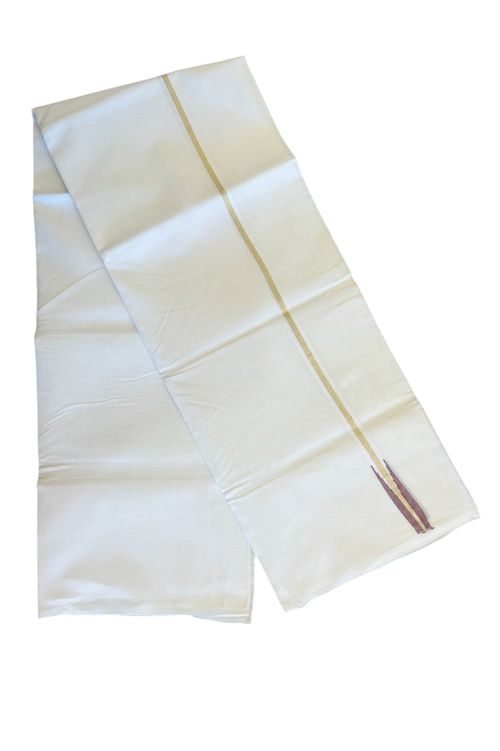 20% DISCOUNT!! KaithariKada Balaramapuram 100% Cotton PURE WHITE Double Mundu/Dhoti-100x100  1.5 cm  Puliyilakkara kasavu 4 line Maroon striped chutty - 18KK481ASH
