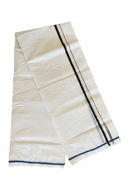 6% DISCOUNT!! KaithariKada HANDLOOM Millpaav Balaramapuram - 100% PURE Cotton OFF White - (Unbleached) Double Mundu/Dothi - 1.5cm Puliyilakkara side striped Gold kasavu Navy Blue chutty - 18KK498KK