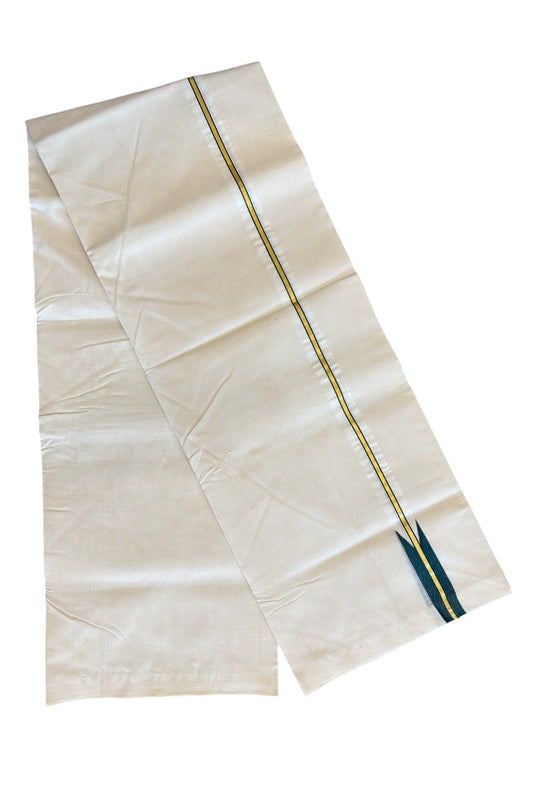 30% DISCOUNT!! KaithariKada HANDLOOM UNAKKUPAAV Balaramapuram - 100% PURE Cotton OFF White - (Unbleached) Double Mundu/Dothi - 1 inch Puliyilakkara Kasavu Green chutty - 18KK5011RAM