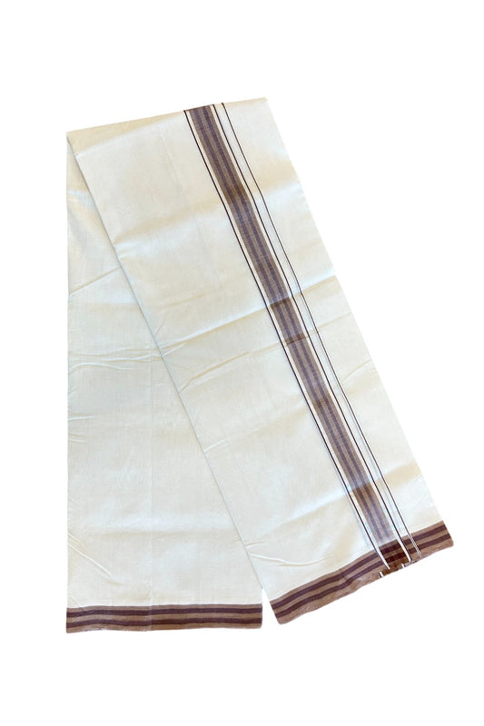 25% Discount!!! KaithariKada HANDLOOM UNAKKUPAAV Balaramapuram - 100% PURE Cotton off white Double - (Unbleached) Mundu/Dhoti - 2 inch Silver kasavu Dark Brown & Brown striped kara - 18KK5049REA