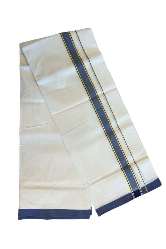30% Discount KaithariKada HANDLOOM Unakkupaav Balaramapuram - 100% PURE Cotton Off White (Unbleached) - 100x100 Double Mundu/Dhoti -  2inch Gold Kasavu Navy Blue Kara- 90