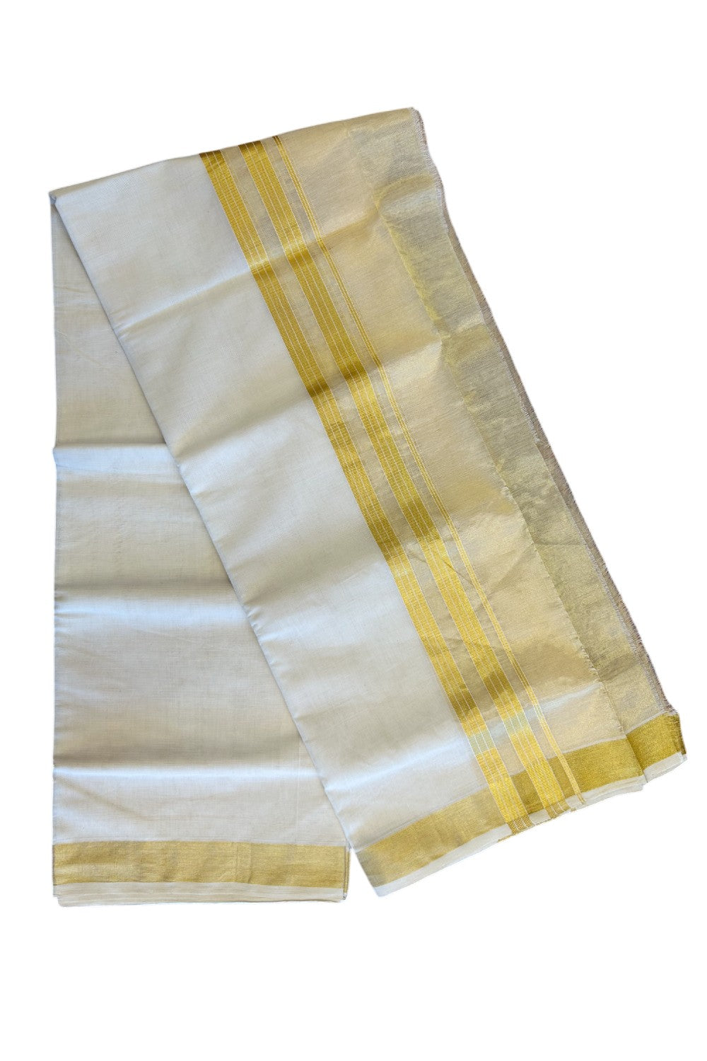 30% DISCOUNT! KaithariKada HANDLOOM Millpaav Balaramapuram - 100% PURE Cotton Off White (Unbleached) -  Double Mundu/Dhoti - Gold Kasavu 7 inch Kara Stripes & Tissue- KAIHM004