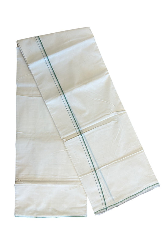 25% Discount!!! KaithariKada 100% Cotton Handloom Kalamachal Off white (Unbleached) Double Dhoti/Mundu - 0.5 Inch Green