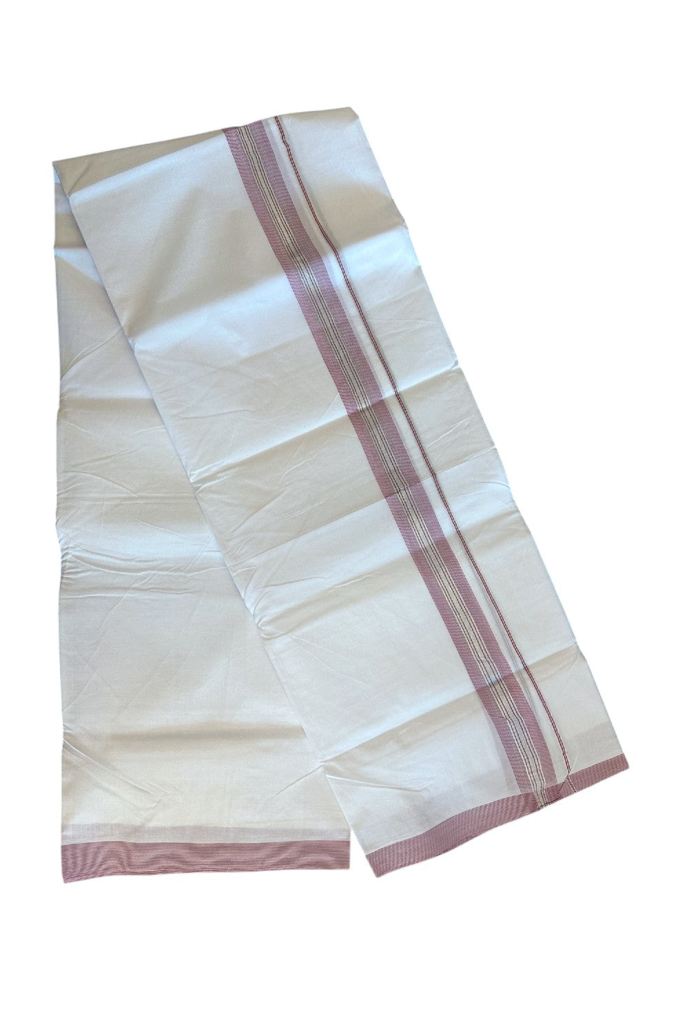 30% Discount KaithariKada HANDLOOM Unakkupaav Balaramapuram - 100% PURE Cotton PURE WHITE - 100x100 Double Mundu/Dhoti - 1.25 inch Light Red & Silver Kasavu Shaded Kara - 18KK5129YAR