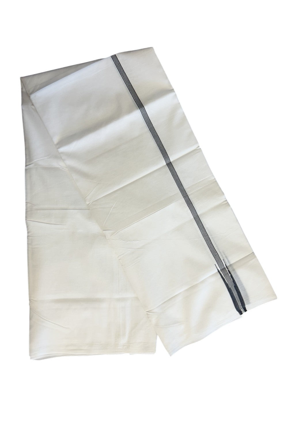 SHORT DHOTI SPECIAL! Kaitharikada.com - 20% DISCOUNT ! KaithariKada Balaramapuram 100%  COTTON DOUBLE PURE WHITE Mundu/Dhoti-100X100- 0.75 Inch Kara & 46 inches Height Puliyilakkara Black Striped Chutty  - 15KK5146ASH