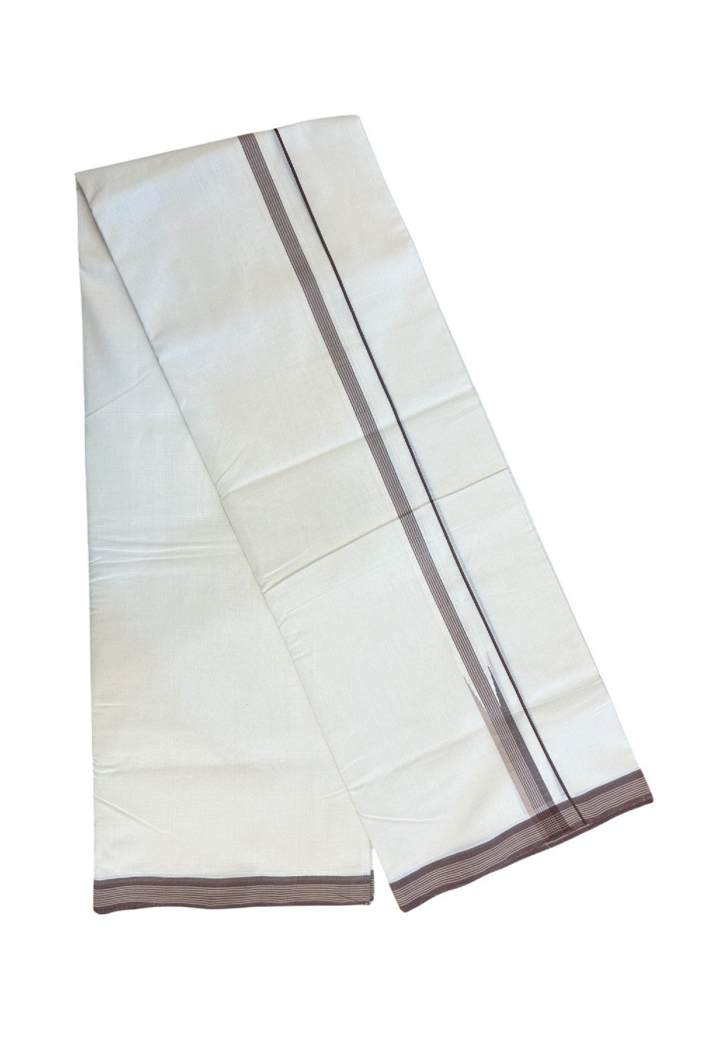 25% DISCOUNT!! KaithariKada HANDLOOM  UNAKKUPAAV Balaramapuram - 100% PURE Cotton OFF White - (Unbleached) Double Mundu/Dothi - 100x100 - Puliyilakkara 2 cm Brown & sand brown striped chutty 3.80 meter (8.5 Muzham) - 11KK5167REA